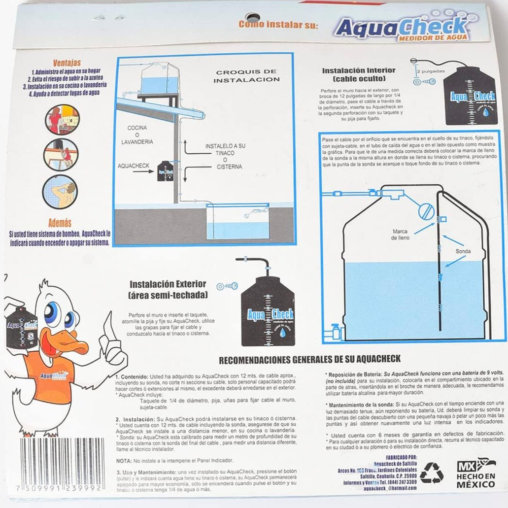 Aquacheck medidor de agua en el tinaco 1100ltos 12mtos de cable